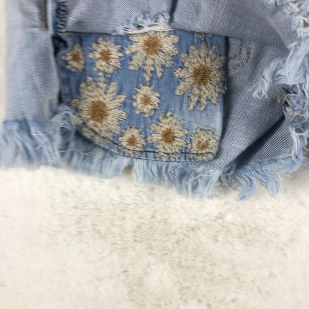 VANILLA STAR Distressed Light Blue Embroidered Pocket Hi-Low Jean Shorts 11 - Picture 3 of 8